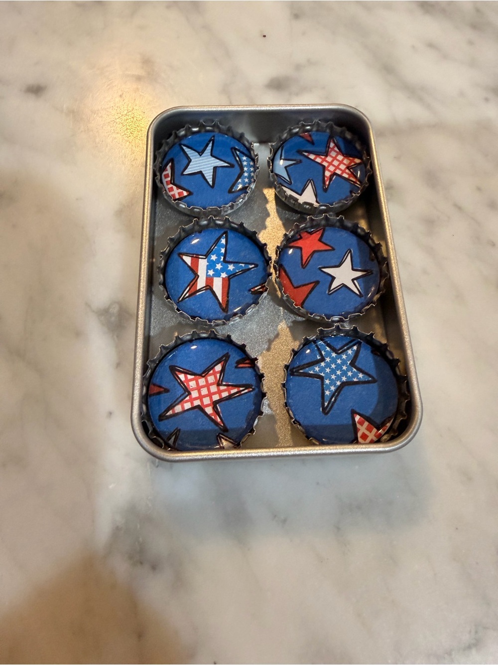 Patriotic Blue Star Bottle Cap Magnets - Set of 6